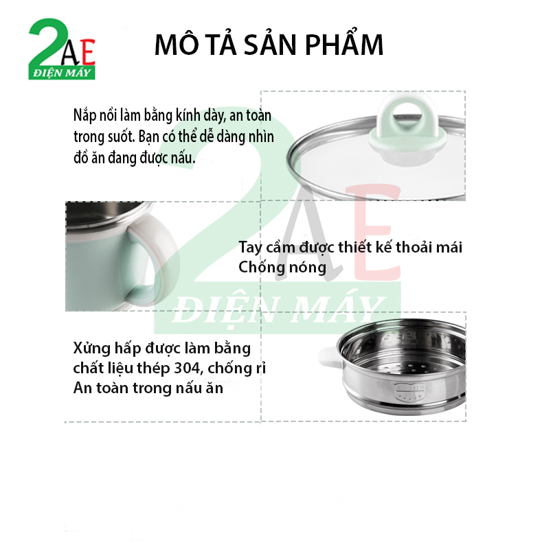 Nồi nấu điện đa năng mini 2L, kèm xửng hấp, đế cắm điện rời