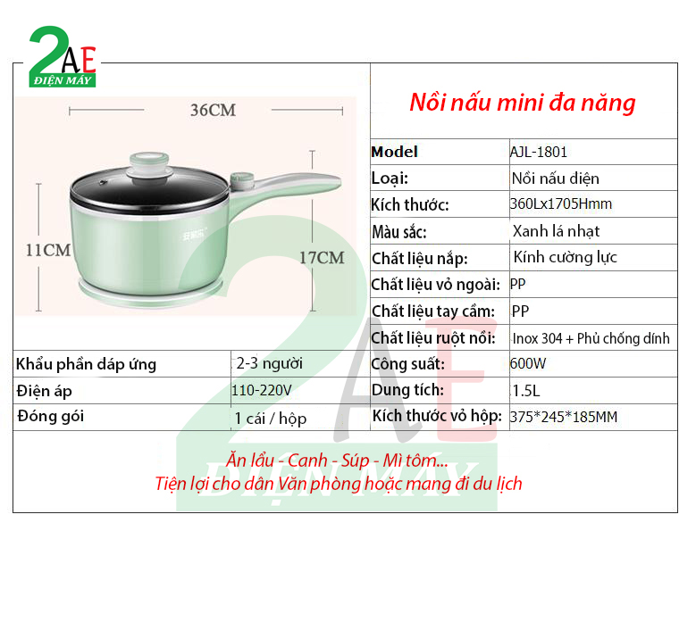 Nồi nấu điện đa năng mini 1.5L, đế cắm điện rời