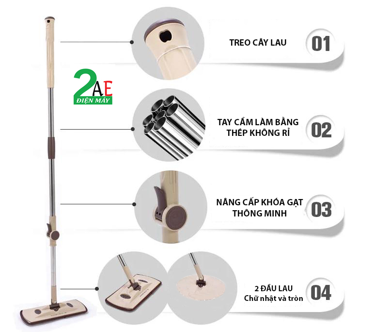 Bộ lau nhà 360 độ, tự vắt, tự làm sạch, gồm cả đầu tròn và đầu chữ nhật