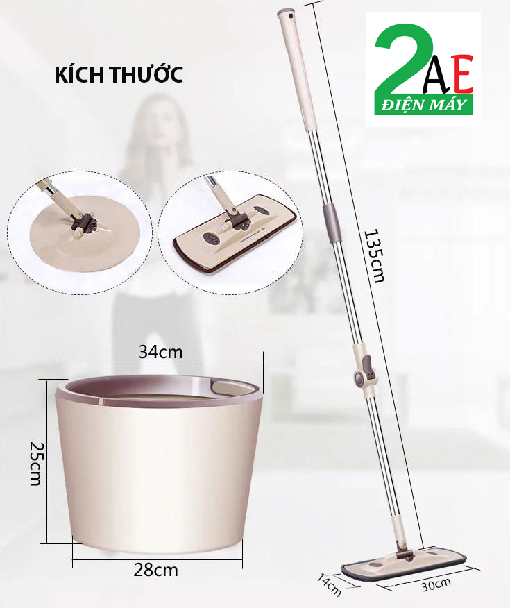 Bộ lau nhà 360 độ, tự vắt, tự làm sạch, gồm cả đầu tròn và đầu chữ nhật