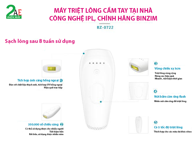 Máy triệt lông cầm tay cao cấp chính hãng Binzim, công nghệ IPL, triệt vĩnh viễn