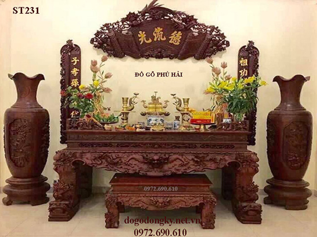 Bộ Phòng Thờ Đẹp - Bàn Thờ Gia Tiên Chạm Tứ Linh ST231