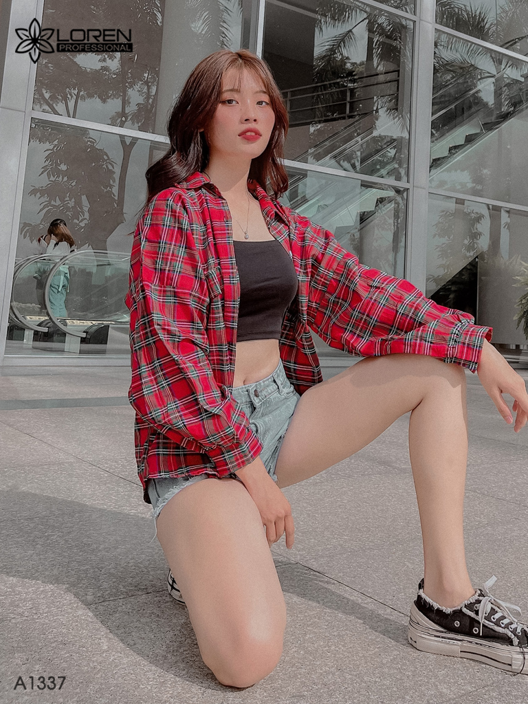 Áo sơ mi tay phồng caro đỏ A1337