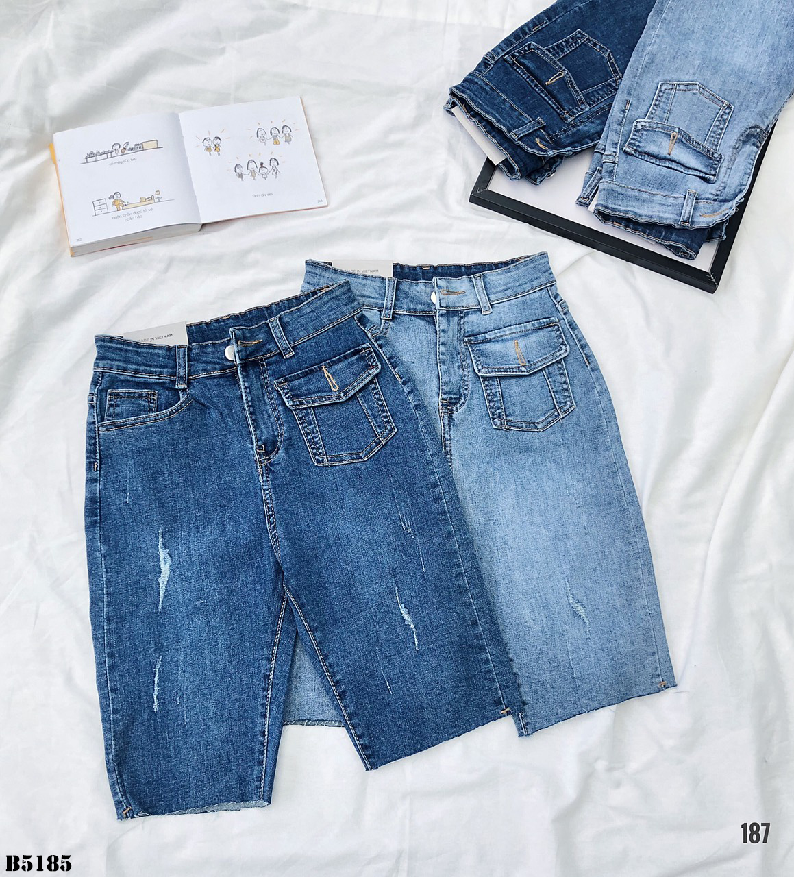 Quần jean ngố kiểu túi tua xanh B5185