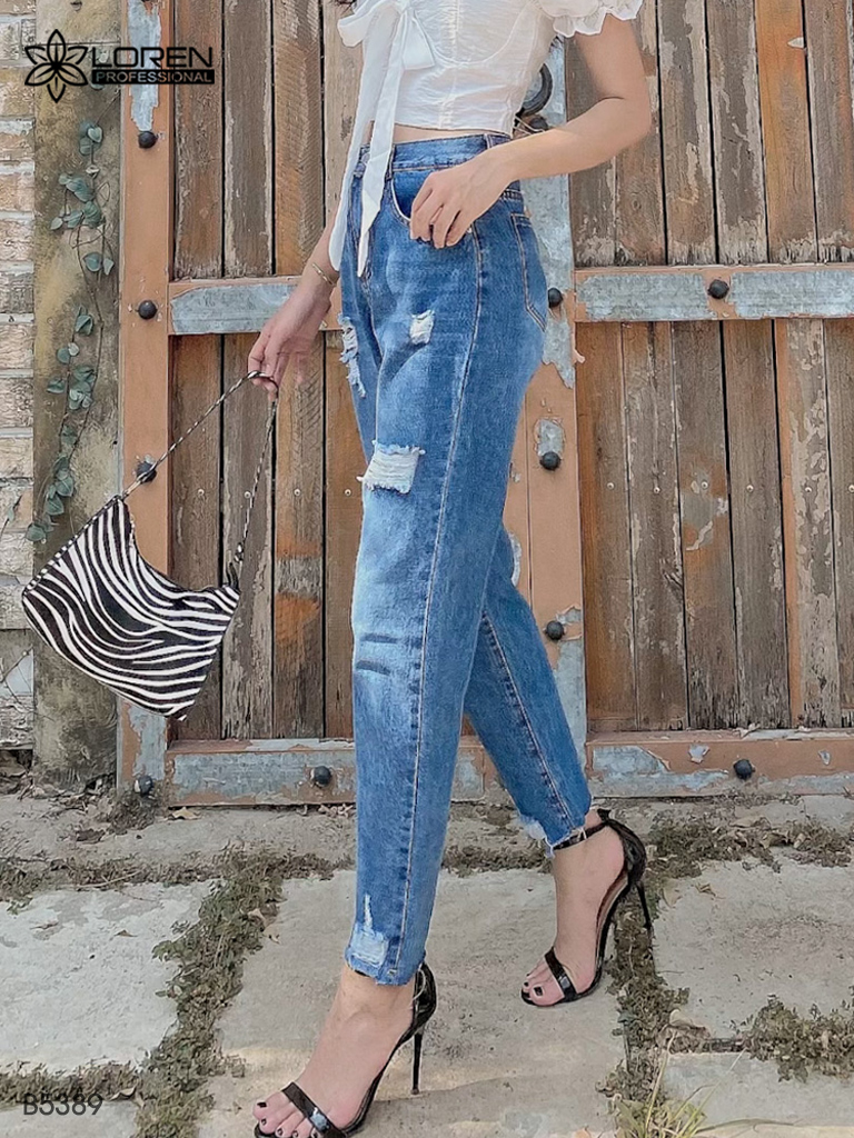 Quần jean baggy LOREN rách tua xanh B5389
