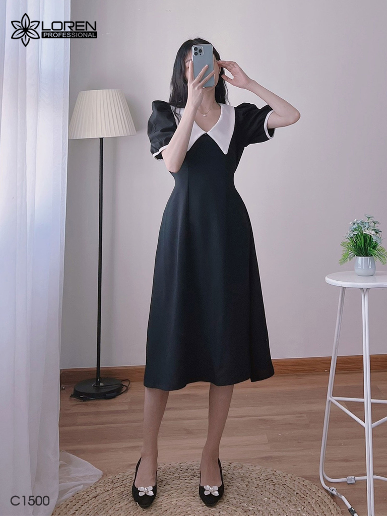 Đầm midi đen cổ peter trắng C1500