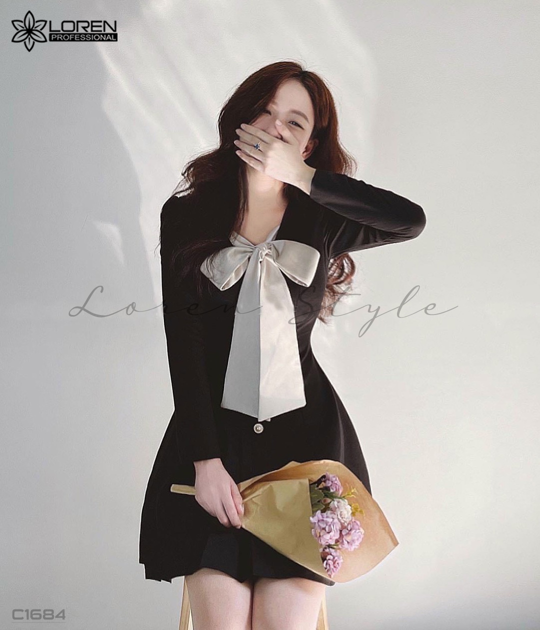 Đầm xòe phối nude nơ cổ đen C1684