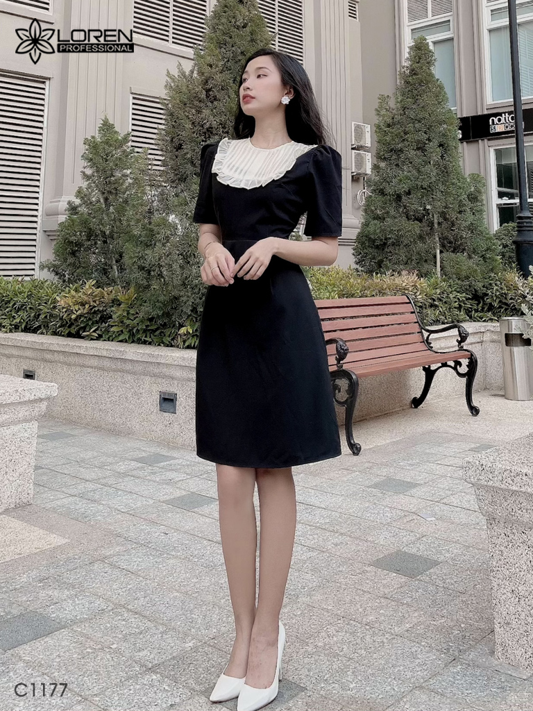 Đầm phối bèo đen C1177