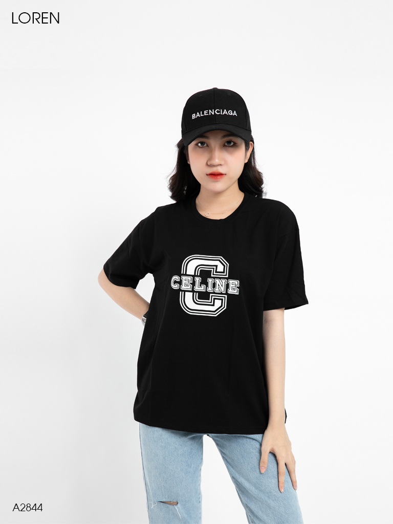 Áo thun nữ LOREN cổ tròn in chữ đen A2844