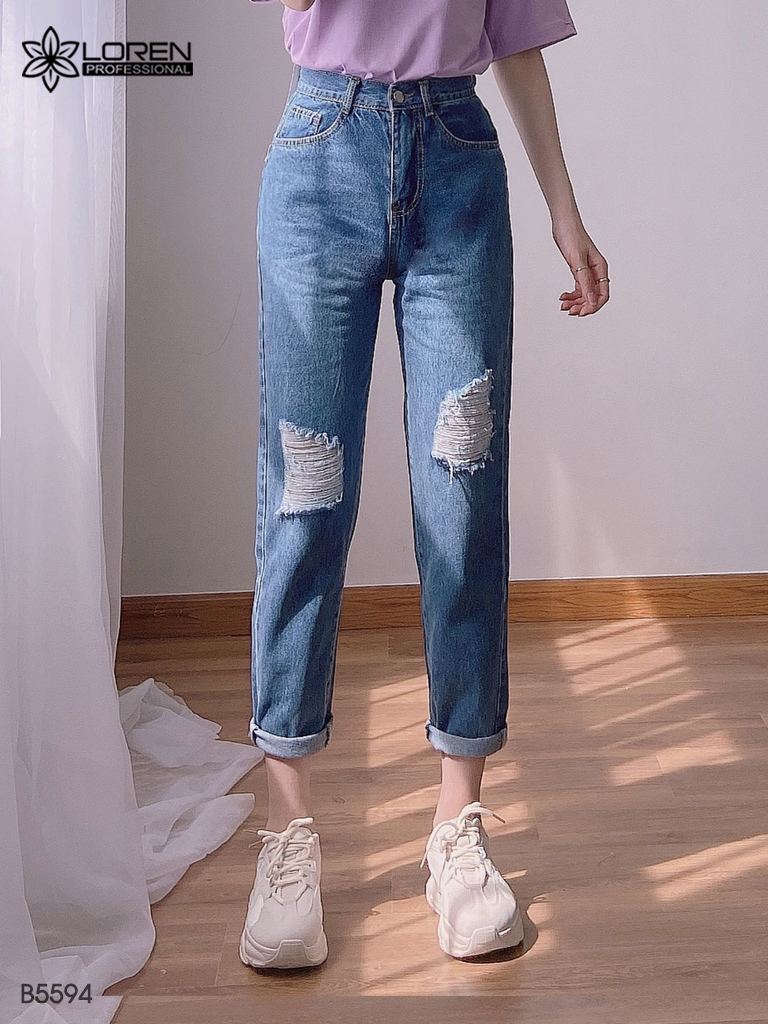 Quần jean baggy LOREN rách gối xanh B5594
