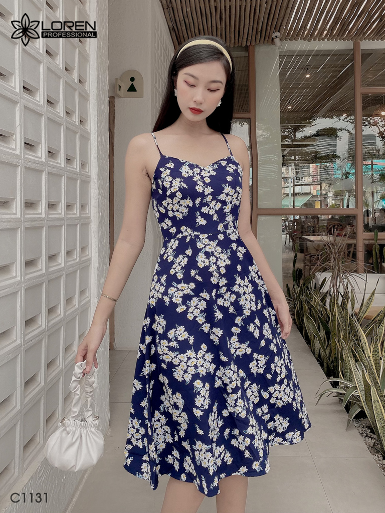 Đầm LOREN 2 dây hoa cúc xanh C1131