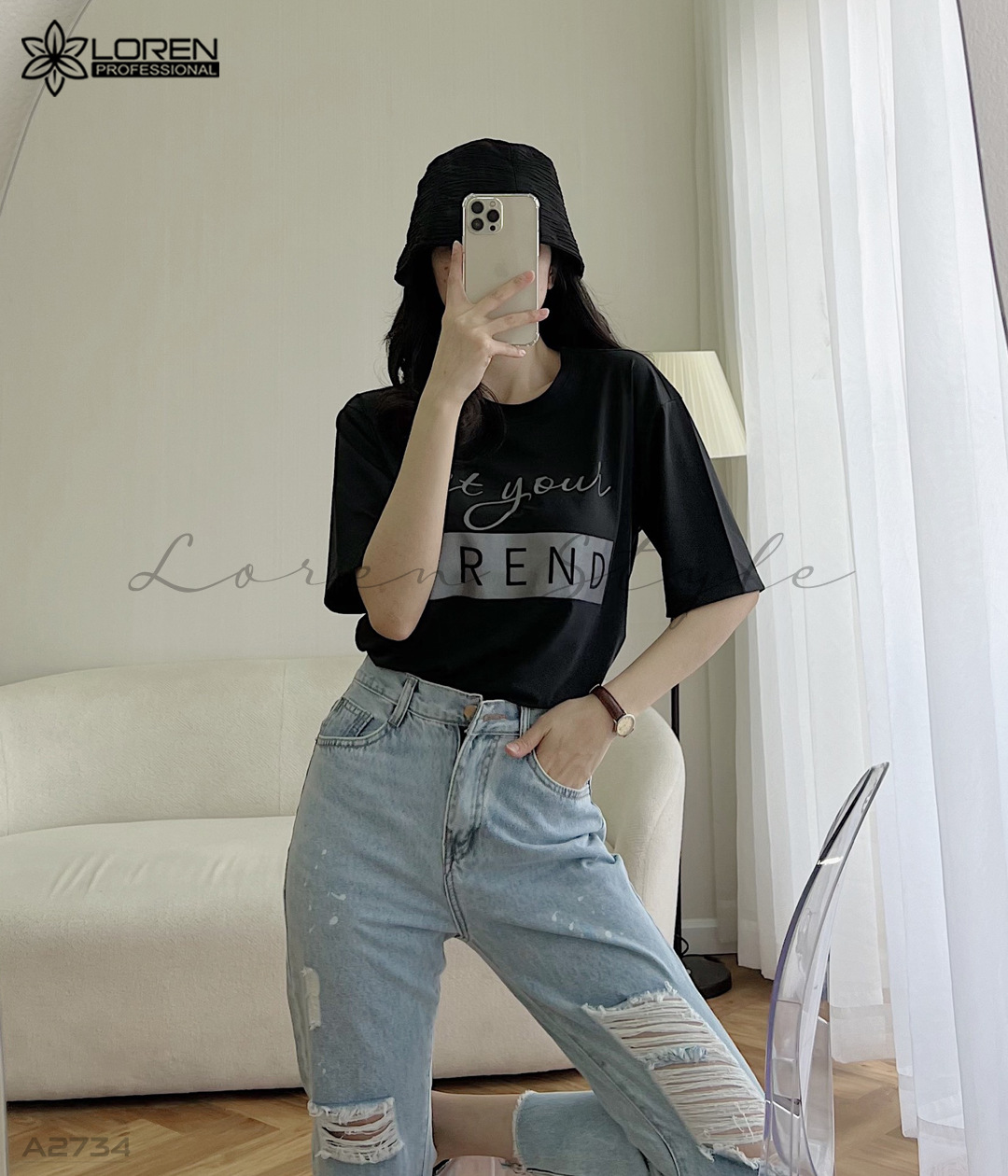 Áo thun nữ LOREN in chữ đen A2734