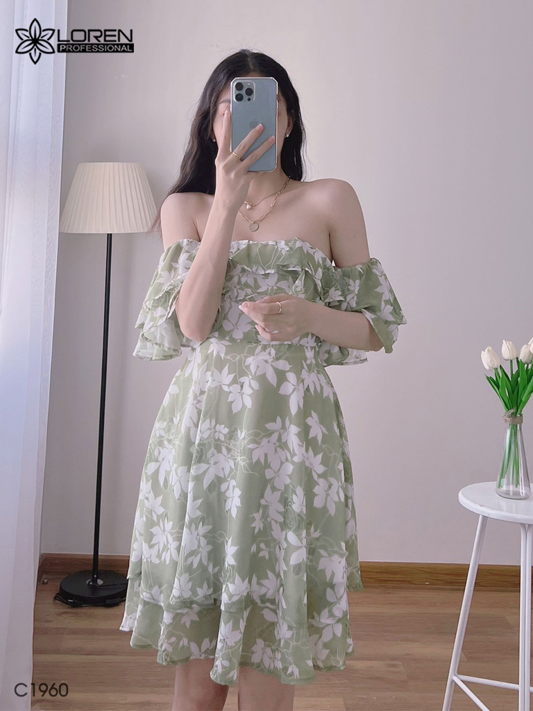 Đầm hoa nữ LOREN bẹt vại xanh bơ C1960