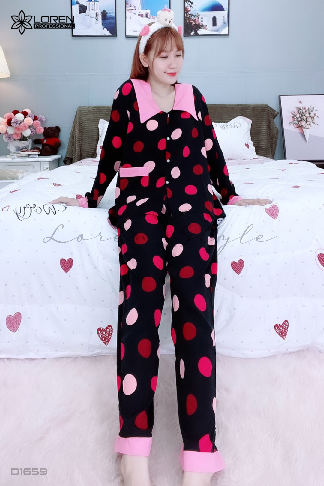 Đồ ngủ pijama dài phối cổ bèo đen D1659