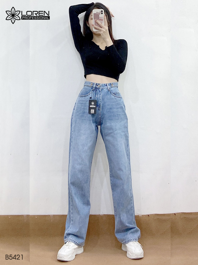 Quần jean ống rộng LOREN trơn xanh B5421