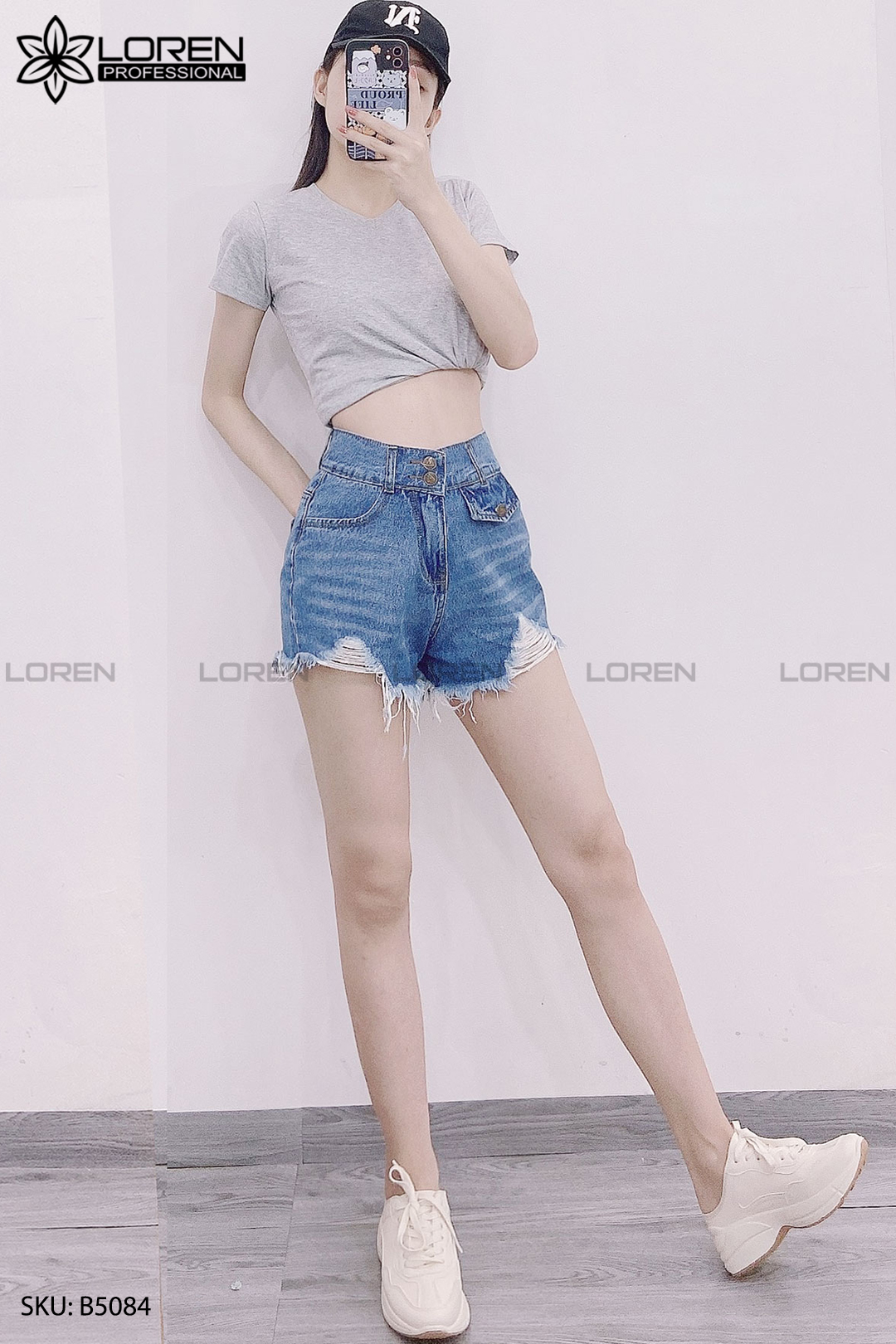 Quần jean short 2 nút tua xanh B5084
