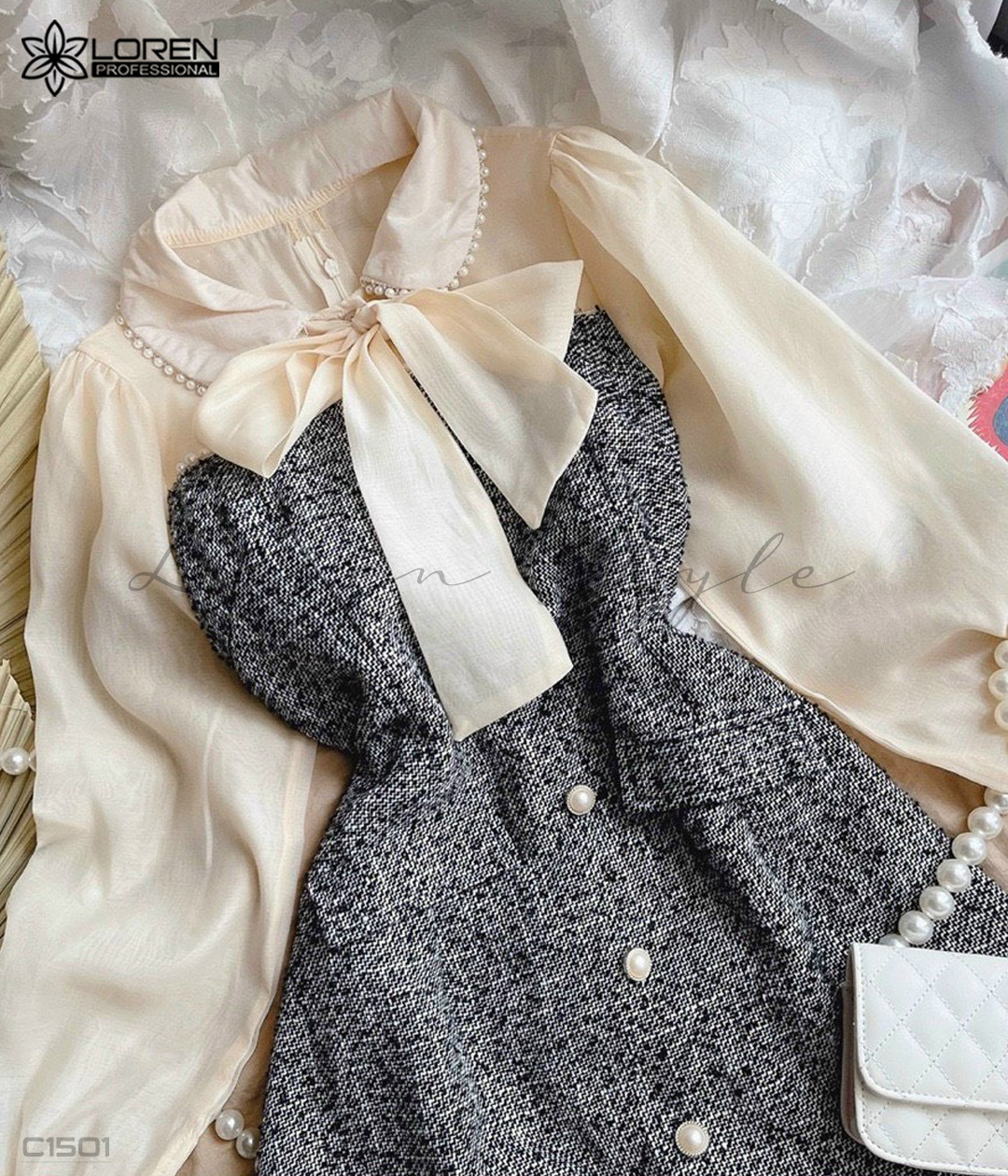 Đầm caro phối tay dài nude C1501