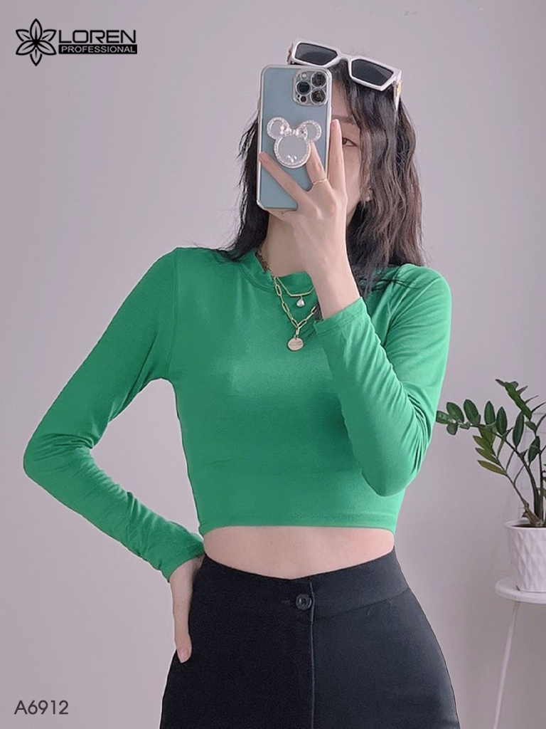 Áo kiểu nữ loren xanh lá tay dài cổ tròn A6912