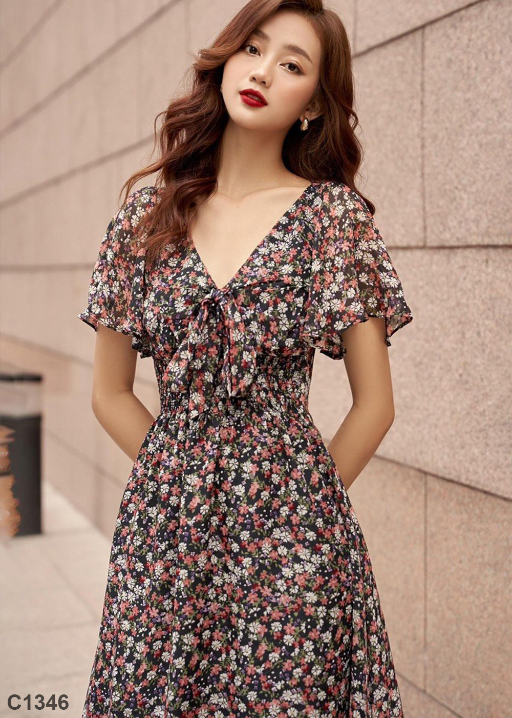 Đầm voan hoa xòe đen C1346