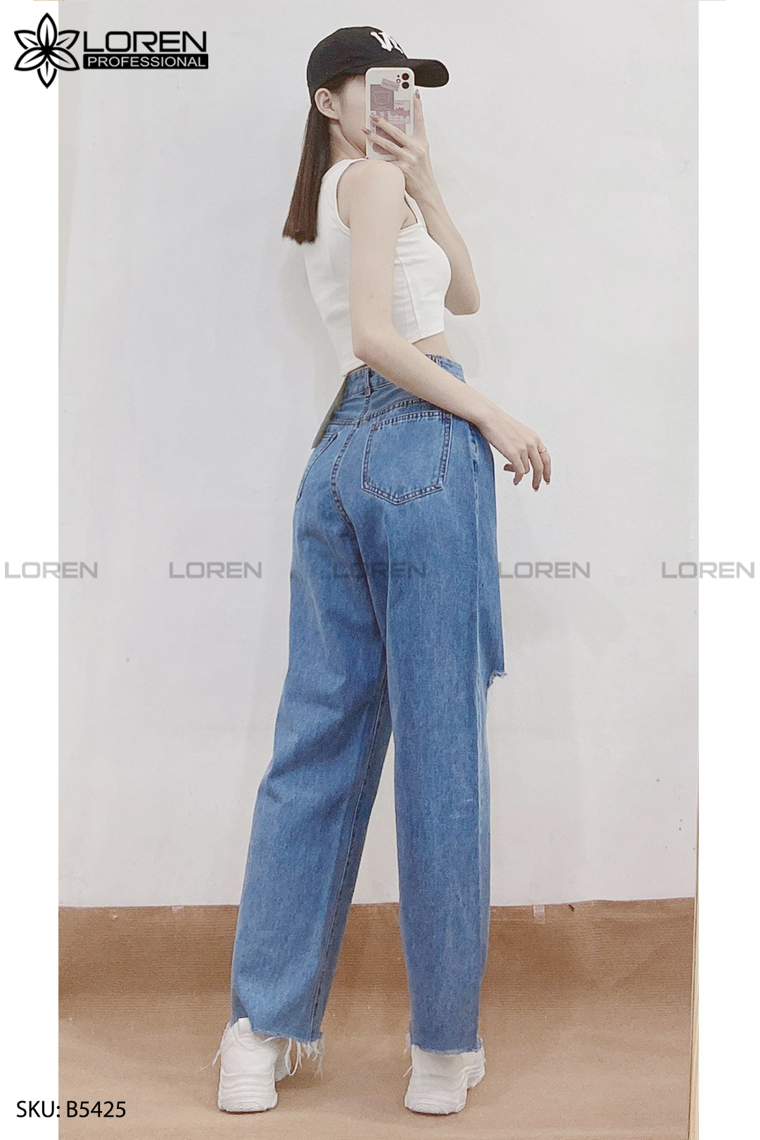 Quần jean ống rộng LOREN rách tua xanh B5425