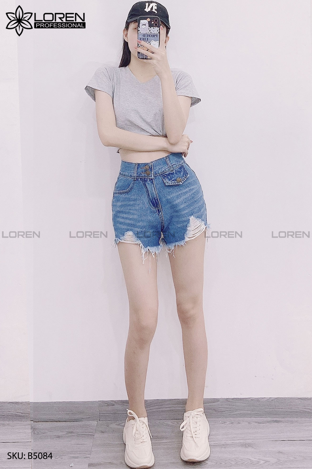 Quần jean short 2 nút tua xanh B5084