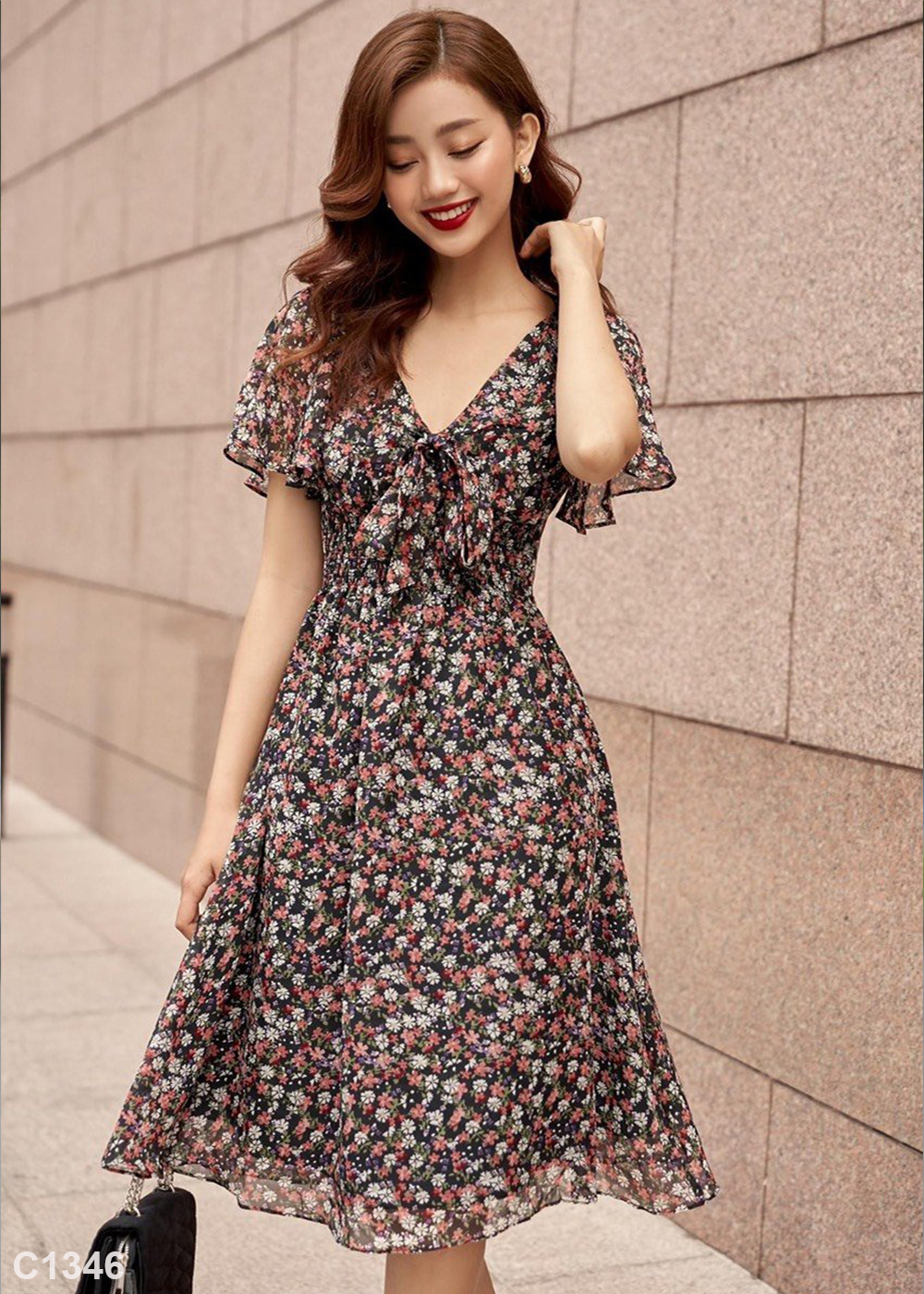 Đầm voan hoa xòe đen C1346