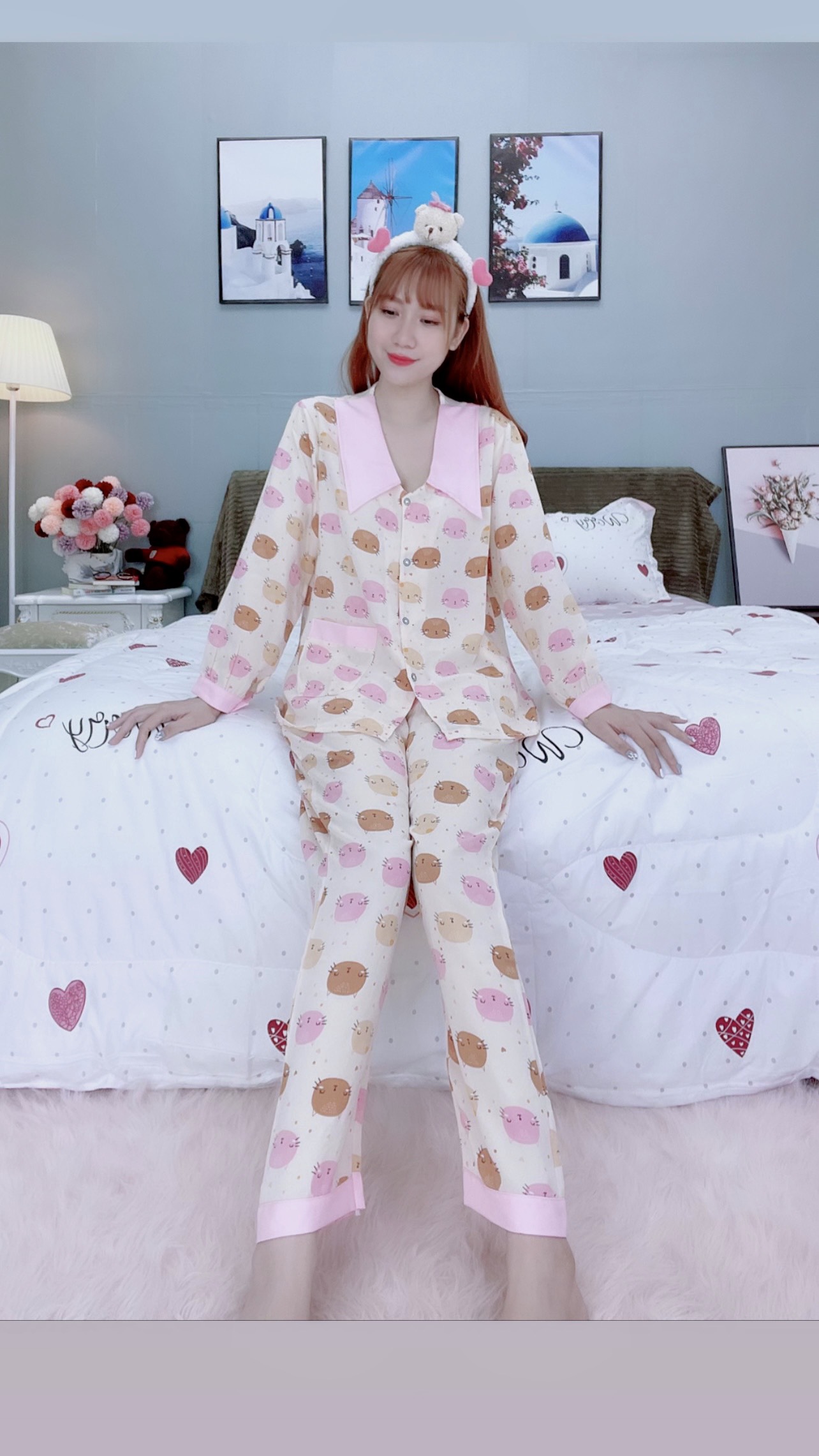 Đồ ngủ pijama dài phối cổ bèo hồng D1655