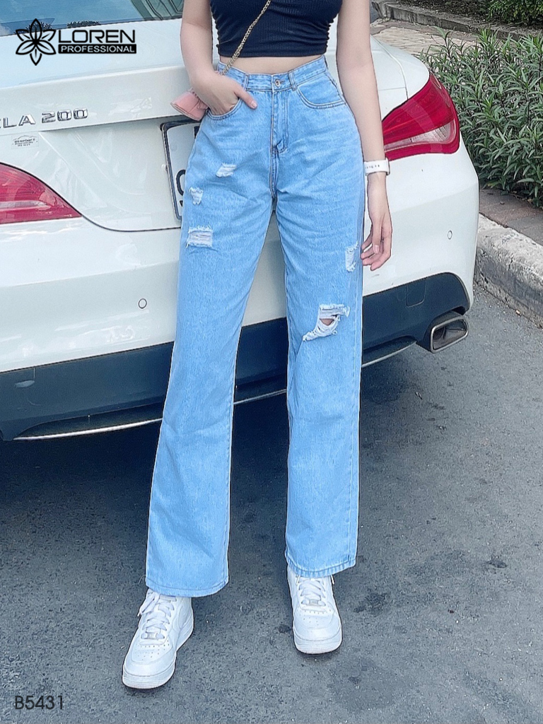 Quần jean ống rộng LOREN rách gối xanh B5431