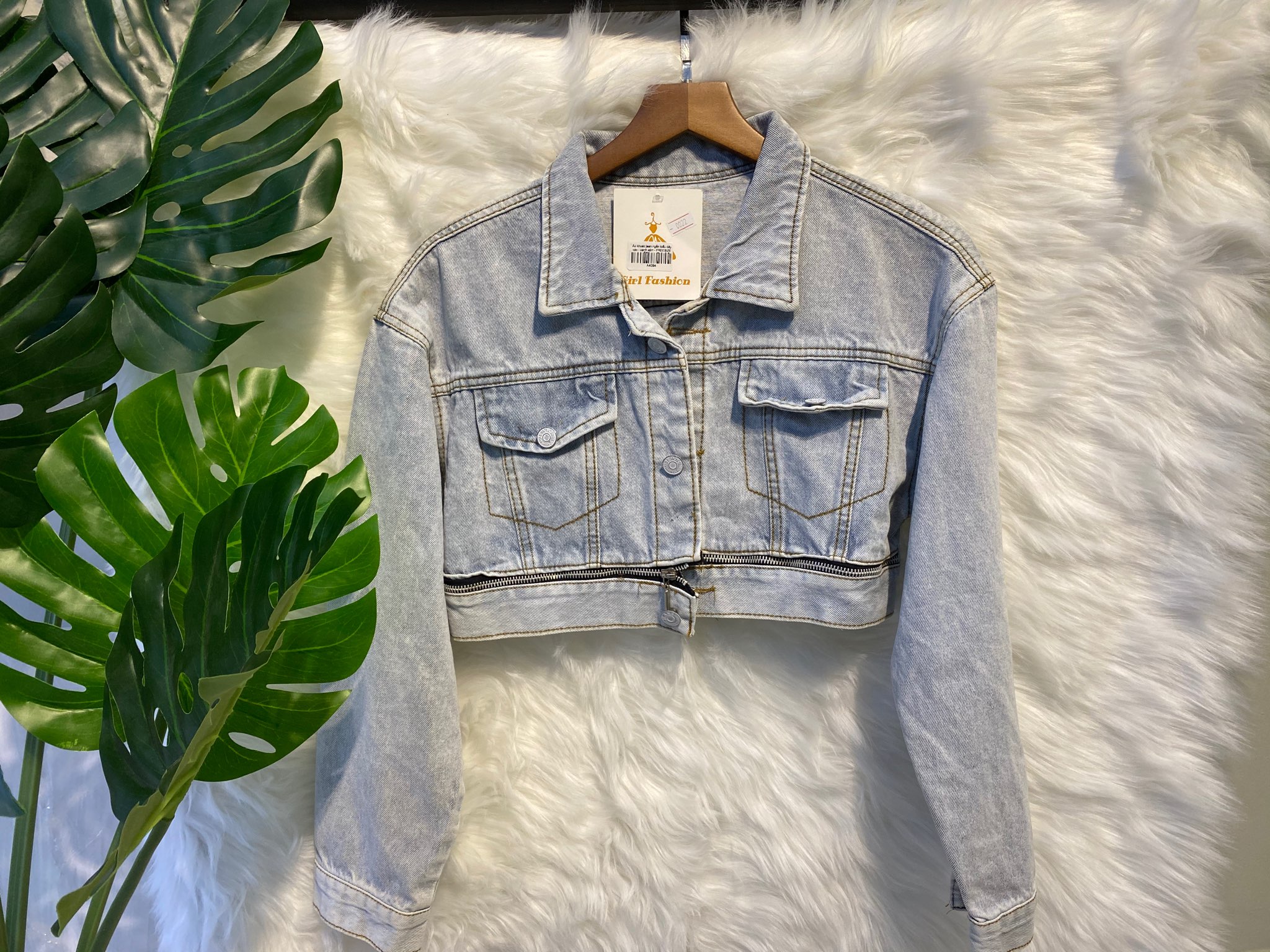 Áo khoác jean ngắn dây kéo xanh A4094