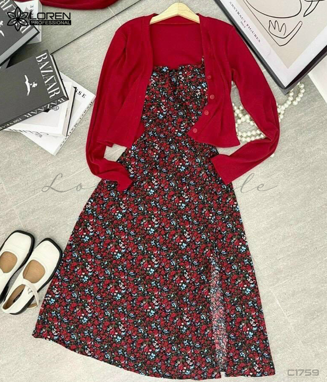 Đầm midi 2s kèm áo khoác đỏ C1759