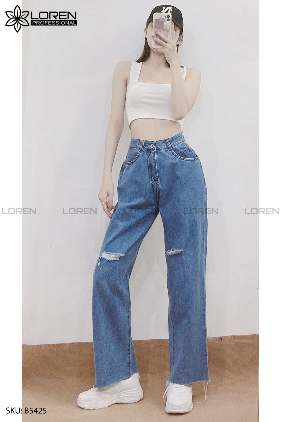 Quần jean ống rộng LOREN rách tua xanh B5425