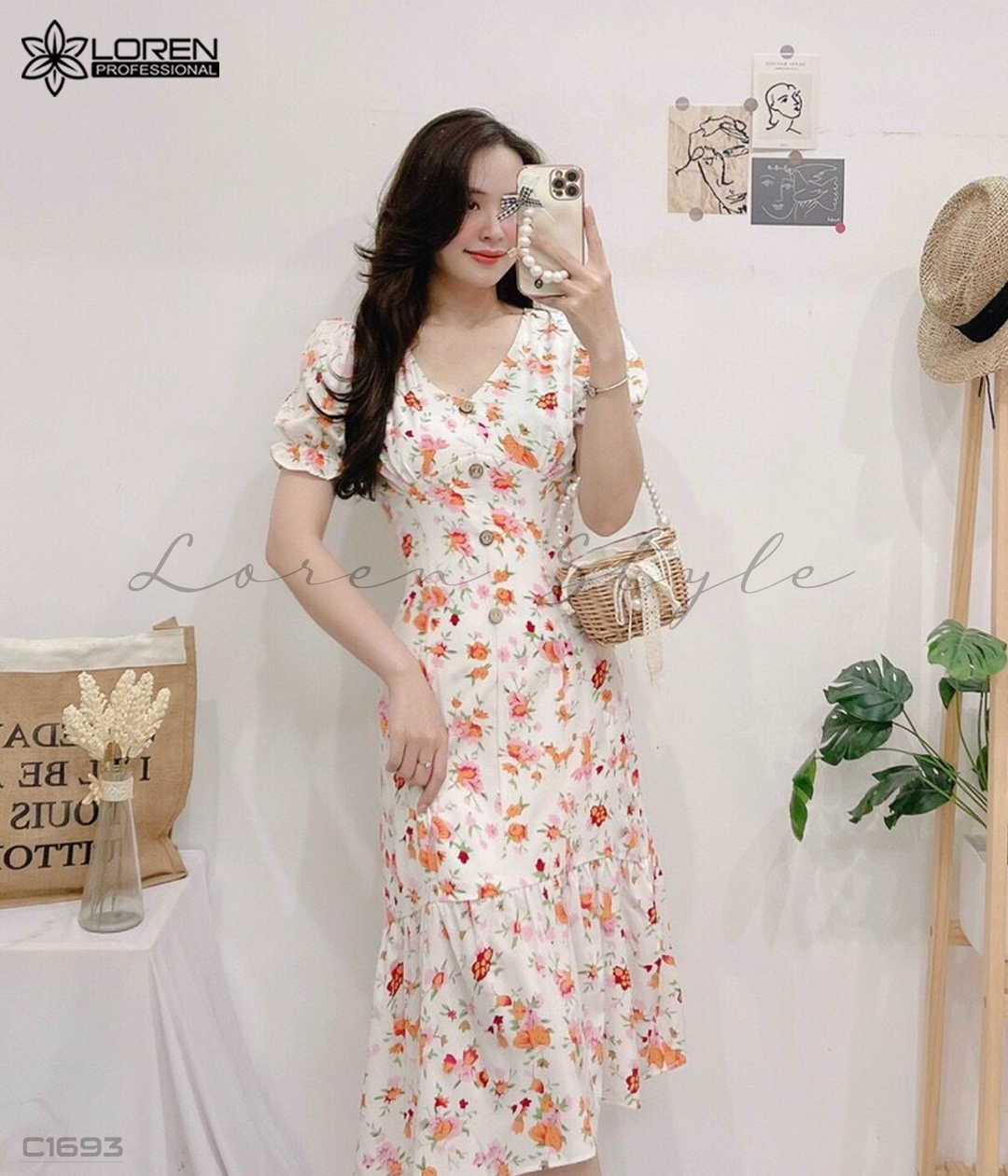 Đầm xòe nút gỗ hoa nhí cam C1693