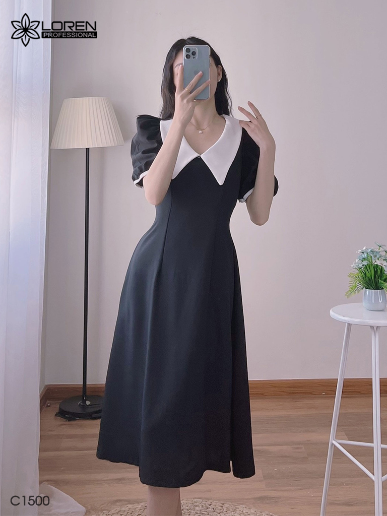 Đầm midi đen cổ peter trắng C1500