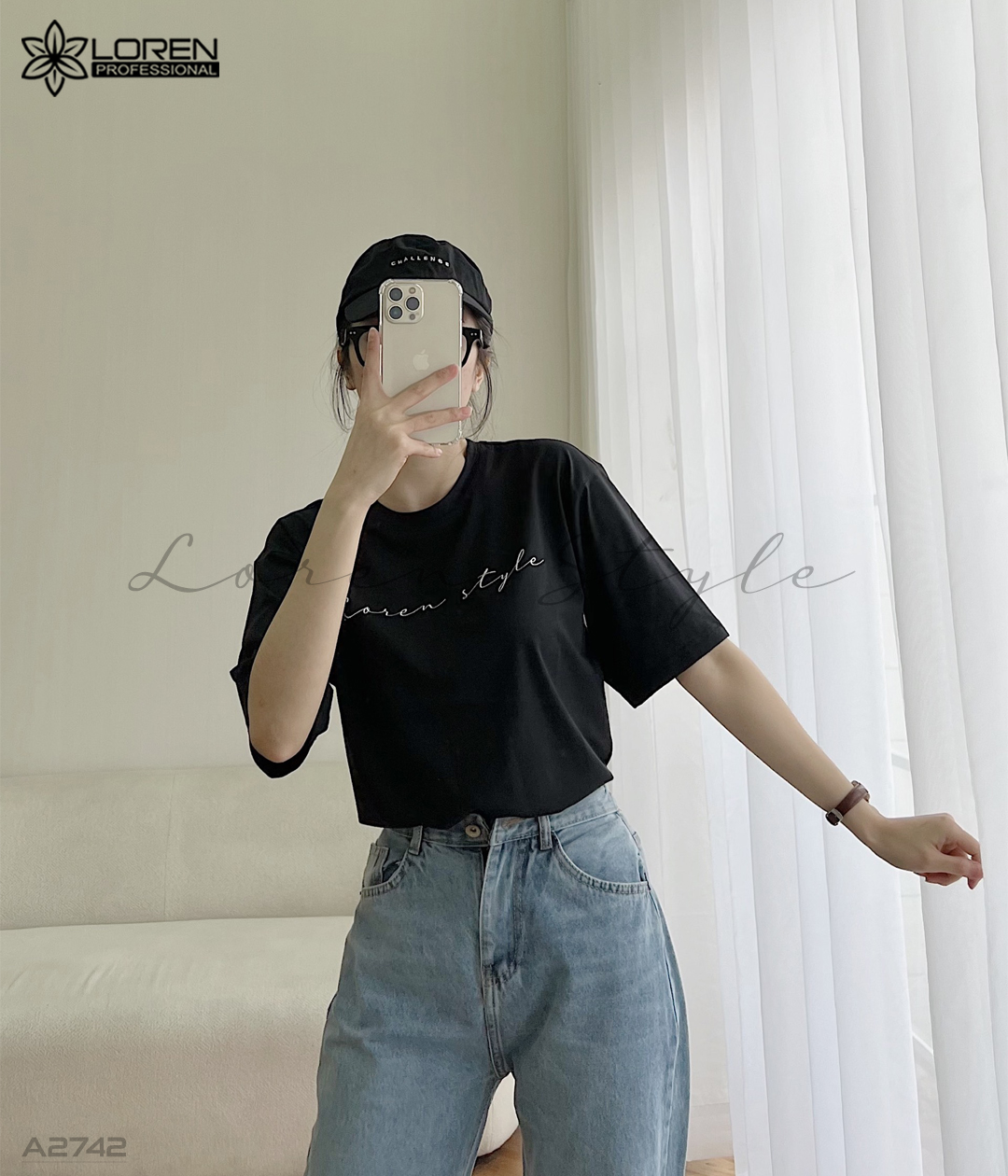Áo thun nữ LOREN chữ Loren style đen A2742