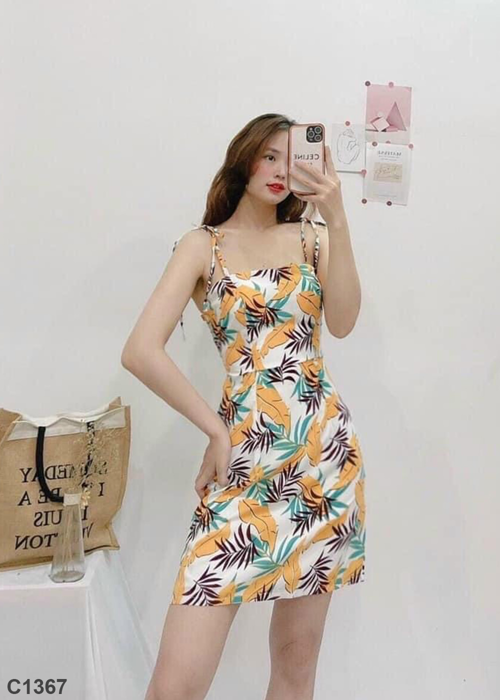 Đầm 2 dây lụa hoa C1367