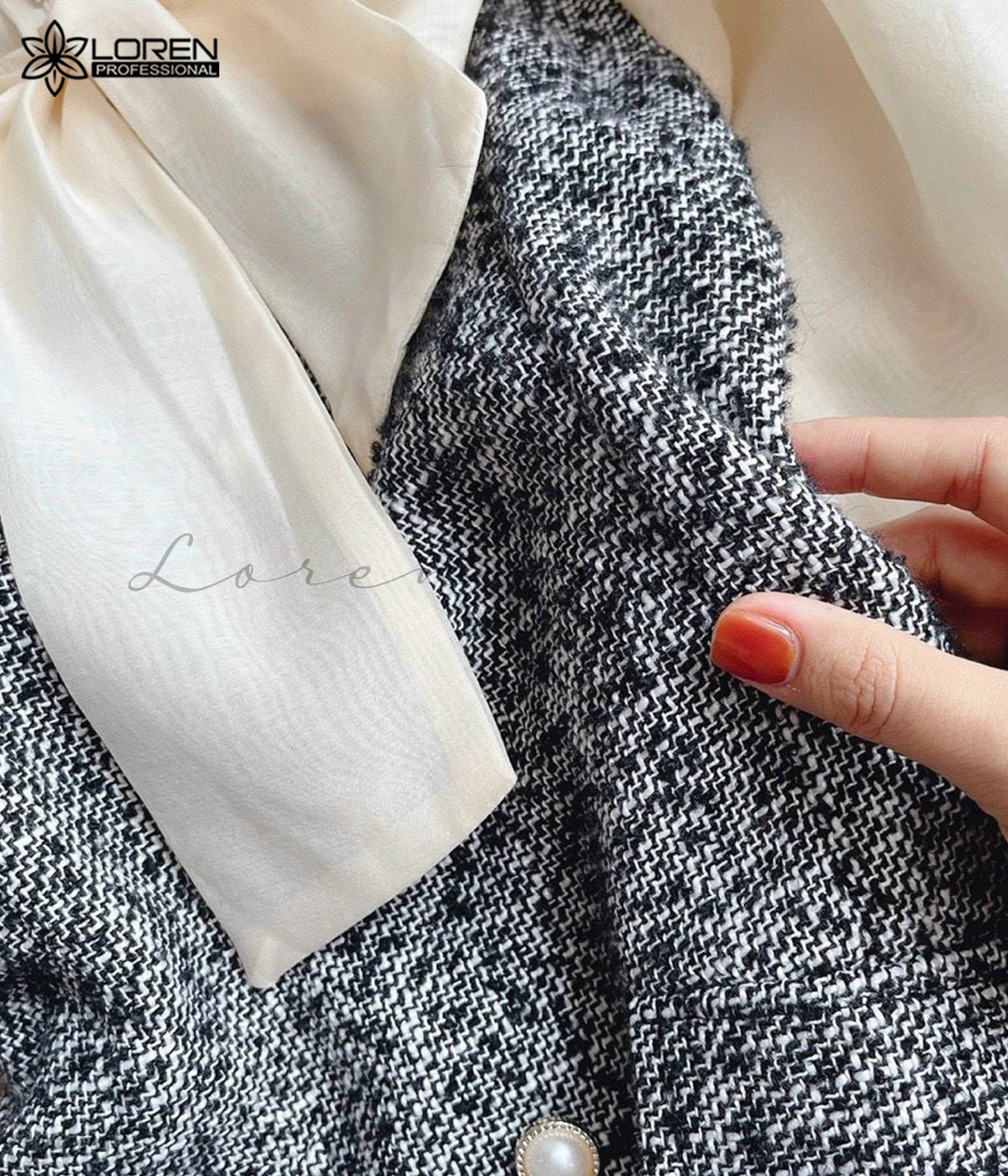 Đầm caro phối tay dài nude C1501