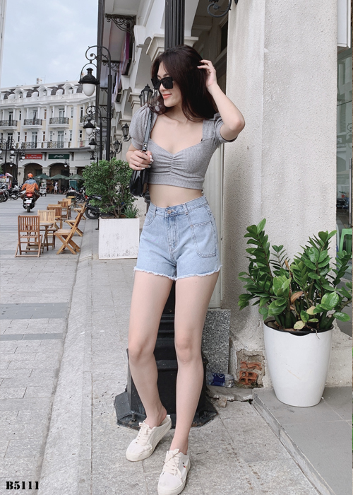 Quần jean short kiểu túi tua xanh B5111