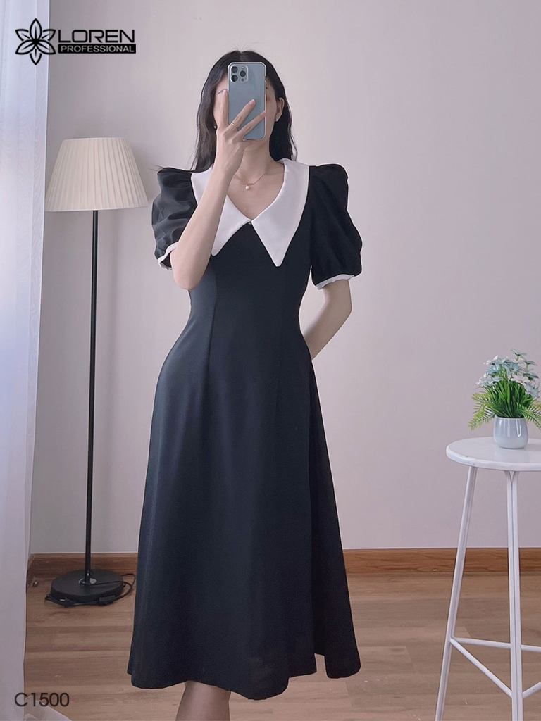 Đầm midi đen cổ peter trắng C1500