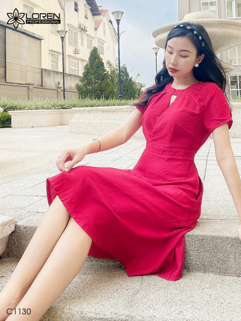 Đầm LOREN xòe cổ tròn đỏ C1130