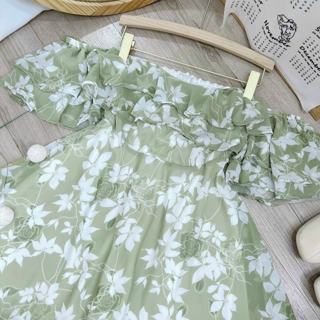 Đầm hoa nữ LOREN bẹt vại xanh bơ C1960