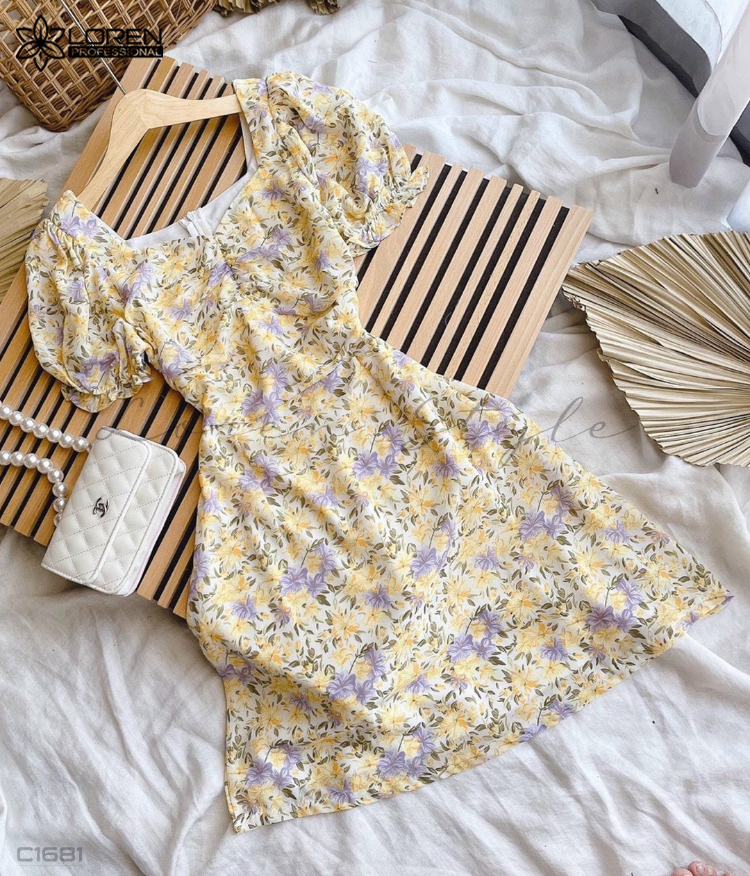 Đầm hoa nhún ngực vàng C1681