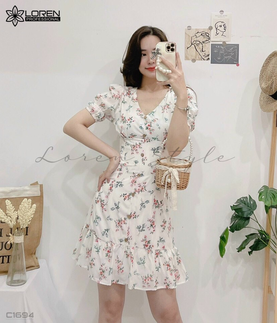Đầm xòe hoa nhí trắng C1694