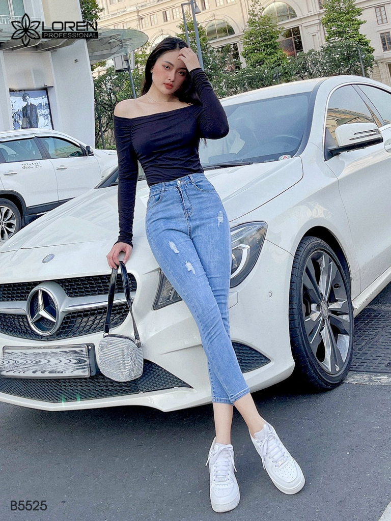 Quần jean skinny LOREN lửng lai tua xanh B5525