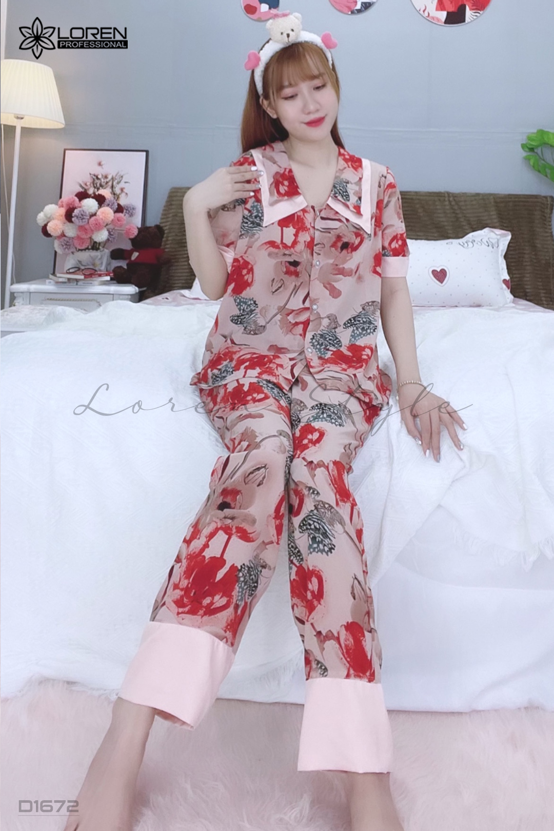 Đồ ngủ pijama tay ngắn quần dài hồng D1672