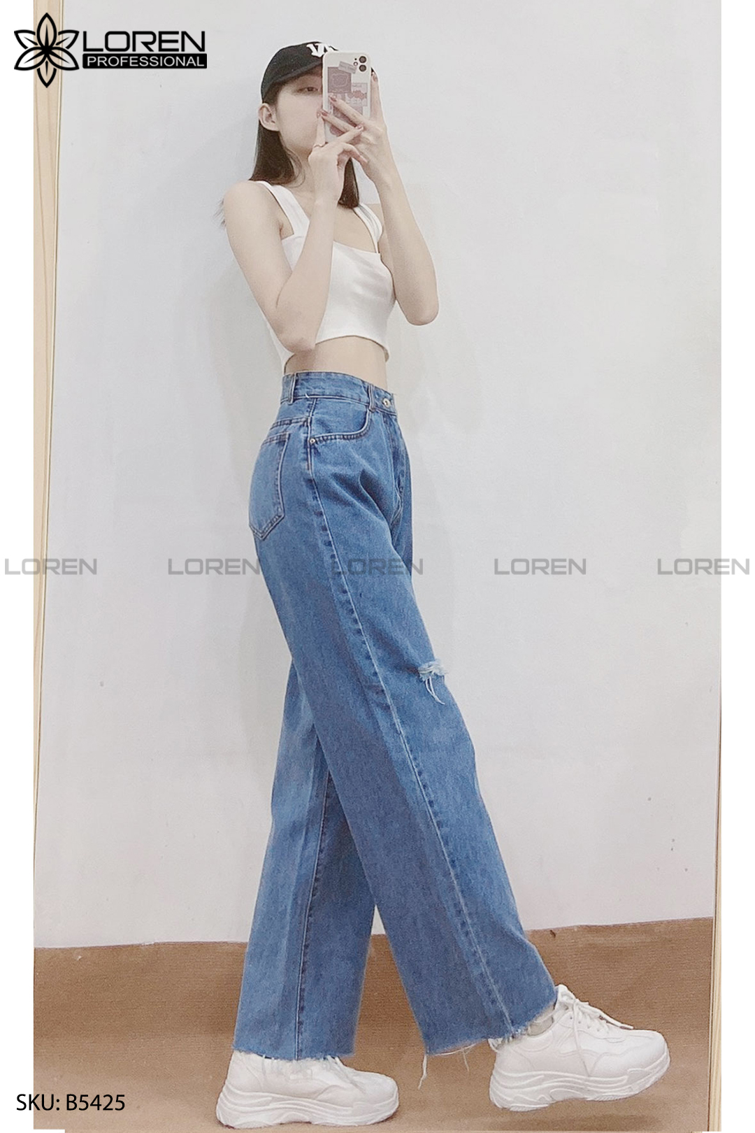 Quần jean ống rộng LOREN rách tua xanh B5425