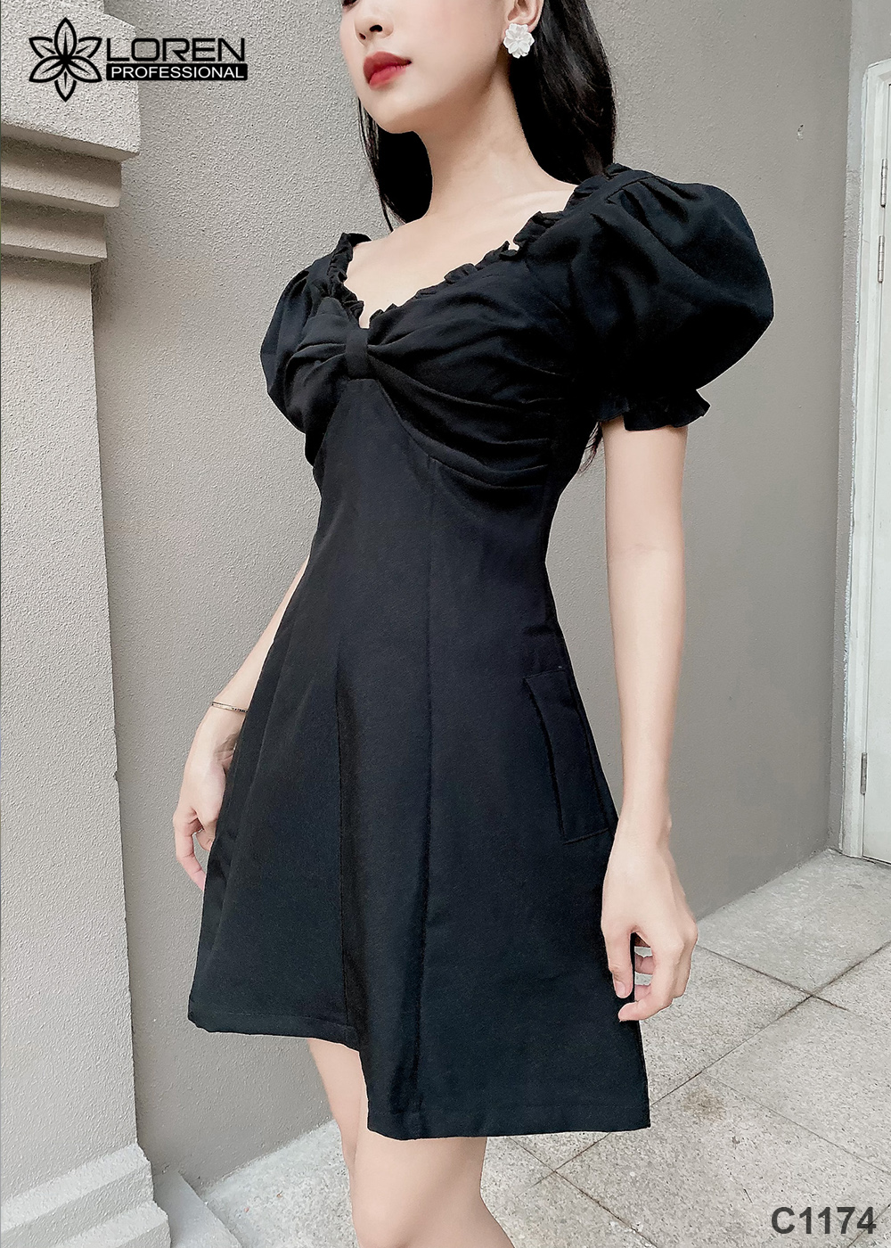 Đầm xòe tay phồng đen C1174