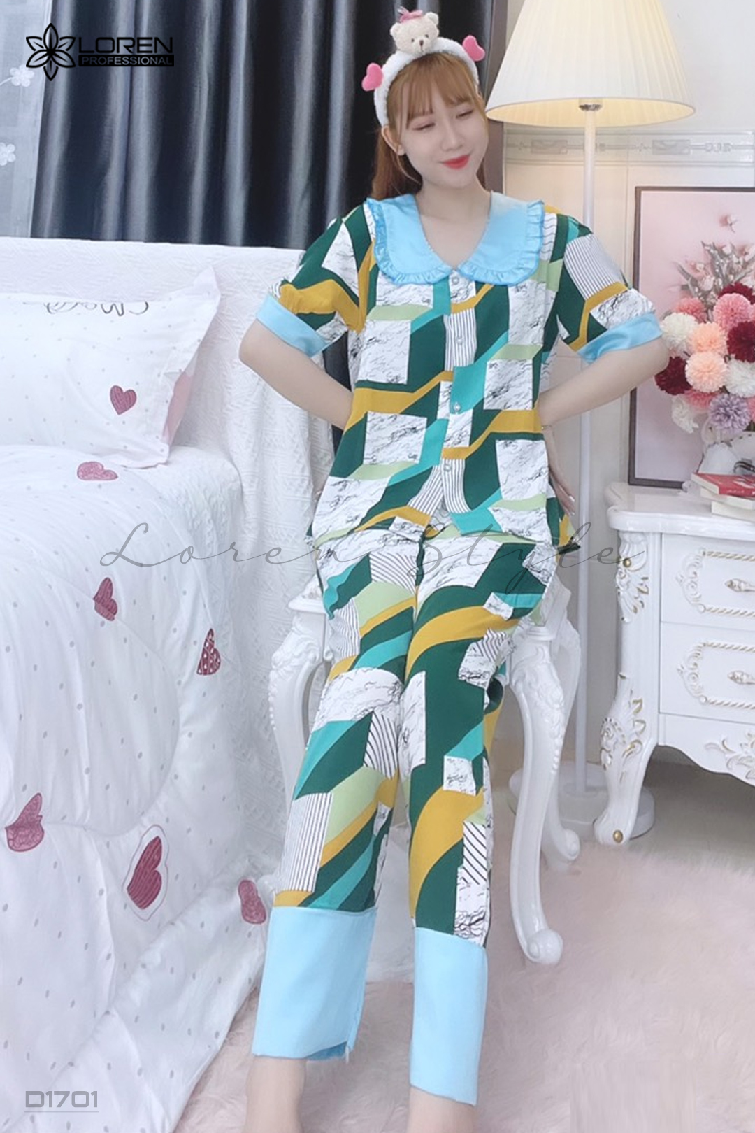 Đồ ngủ pijama tay ngắn quần dài xanh D1701