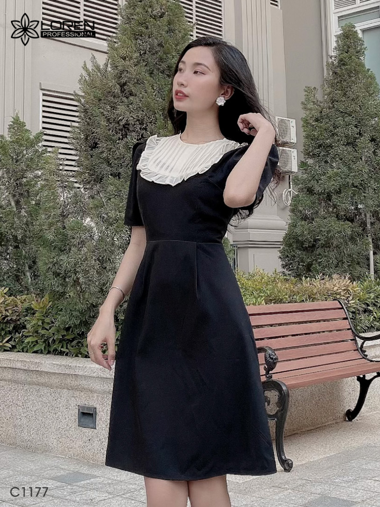 Đầm phối bèo đen C1177