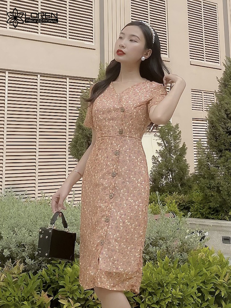 Đầm LOREN hoa nhí cam C1134
