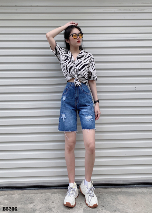 Quần jean ngố rách tua xanh B5206